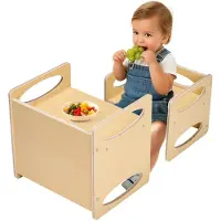 Vevor Montessori-afvænningsbord og -stolesæt, træbord og -stolesæt til småbørn i alderen 1-5 år, justerbar højde for børns Montessori-stol og aktivitetsbord, ideel til læsning, spisning og leg - natur