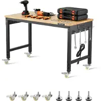 Vevor 1219 mm justerbar arbejdsbænk, 907 kg belastning, arbejdsbænk med stikkontakt, hjul og stiftbræt, kraftigt arbejdsbord i egetræ til garage, værksted, kontor og hjem