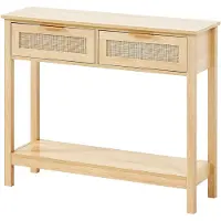 Vevor Rattan Konsolbord med 2 opbevaringsskuffer, Rattan Entrebord med Naturlig Rattan Skydedør, Konsol Sofabord til Stue, Arbejdsværelse, Entre eller TV-væg, Naturlig