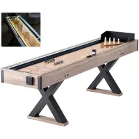 Vevor Shuffleboard-bord, 2,7 m LED-lysende shuffleboard til familierum, 2-i-1 shuffleboard- og bowlingkombinationsspilsæt, med ridsefast spillebane, ben, 8 pucke, bowlingsæt, voks, børste