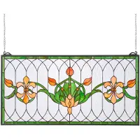 Vevor Glaspanel i farvet glas, 810 x 433 mm, hængende overlyspanel i Tiffany-stil med kæde, stort vandret rektangulært farvet glas, vintage traditionelt kunsthåndværk til køkkenindretning