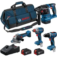 Bosch Powertools kombo-kit 18 volt elværktøjssæt med ledningsfri boremaskine, slagboremaskine, boremaskine og vinkelsliber (kit)