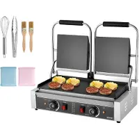 Vevor Kommerciel Panini-presse, 3600W elektrisk grill i rustfrit stål, dobbelt trykplade, sandwichmaskine med temperaturkontrol og flad emaljeplade, 485x230 mm, til hamburger, oksekød osv.