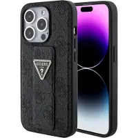 GUESS Grip Stand 4G Triangle Strass-etui til iPhone 15 Pro - sort
