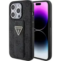 GUESS Grip Stand 4G Triangle Strass-etui til iPhone 15 Pro Max - sort