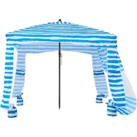Vevor Strandcabana, 1,83 x 1,83 m strandbaldakin med sidevæg, UPF 50+ beskyttelse, let opsætning, cabana-telt med sandlommer, bærbar skygge, solparasol til hele familien og venner, blå striber