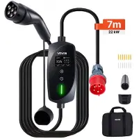 Vevor Mobil Wallbox, 22 kW 32A, Type 2 Bærbar elbiloplader, 3-faset elbiloplader med 7 m ladekabel, CEE32-stik, LCD-skærm, justerbar elbiloplader, IP66-kontrolboks