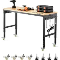 Vevor 1524 mm justerbar arbejdsbænk, 907 kg belastning, arbejdsbænk med stikkontakt, hjul og stiftbræt, kraftigt arbejdsbord i egetræ til garage, værksted, kontor og hjem