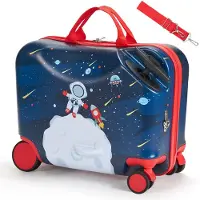 Vevor Ride-on kuffert, 26 l kapacitet, 18 tommer bugseringsbagage med hjul, justerbar skulderrem, let børnekuffert til drenge og piger fra 3 år, blå og hvid
