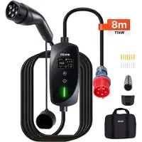 Vevor Mobil Wallbox, 11 kW 16A, Type 2 Bærbar elbiloplader, 3-faset elbiloplader med 8 m ladekabel, CEE16-stik, LCD-skærm, justerbar elbiloplader, IP66-kontrolboks