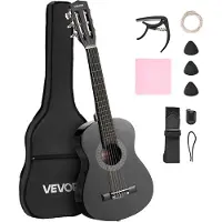 Vevor Klassisk Guitar, 780 mm, Træ Klassisk Guitar Starter Kit til Begyndere, med Nylonstrenge, Gigbag, Rem, Tuner, Ekstra Strenge, Plektre, Capo, Linde, til Børn, Piger, Drenge, Elever, Sort