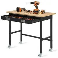Vevor 1220 mm arbejdsbord, 680 kg lasteevne, garagearbejdsbord med skuffeopbevaring og hjul, værkstedsbænk på hjul, kraftigt arbejdsbord i egetræ til garage, værksted, kontor og hjem