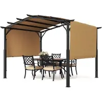 Vevor 10 x 10 fod udendørs pergola, metalpergola med buet top, udtrækkelig pergola med solskærm, stor terrassepavillon, kraftig havepergola til terrasse, baghave, veranda, poolside