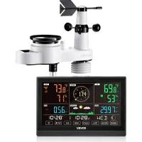 Vevor 5-i-1 trådløs vejrstation, 7,5 tommer / 190,5 mm VA-display, soldrevet udendørssensor, regnmåler, indendørs/udendørs til vejrudsigt, temperatur, luftfugtighed, vindhastighed og -retning (ingen W