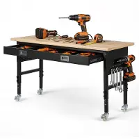 Vevor 1524 mm justerbar arbejdsbænk, 680 kg lasteevne, garagearbejdsbænk med skuffe, stikkontakt, hjul og hulbræt, kraftigt arbejdsbord i egetræ til garage, værksted, kontor og hjem