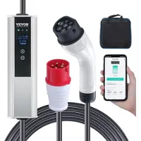 Vevor Bærbar elbiloplader Type 2, 16A 3,68 kW/11 kW, Elbiloplader med 7,5 m ladekabel CEE 16-stik LCD, IEC 62196 Hjemmeladestation til elbiler med bæretaske, opladningskabelkrog, IP66