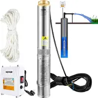 Vevor Dykpumpe til dyb brønd, 1100W 230V/50Hz, 190L/min 57 m tryk, med 20 m ledning og ekstern kontrolboks, 10,2 cm vandpumper i rustfrit stål til industriel, kunstvanding og hjemmebrug, IP68 vandtæt