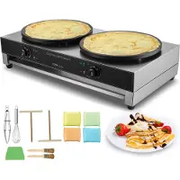 Vevor elektrisk crepemaskine, 16-tommer dobbelthoved kommerciel crepemaskine, 6000W flad plade crepebageplade, non-stick rustfri stål pandekagebagning, bordcirkulær kornpandekageovn, temperaturkontrol