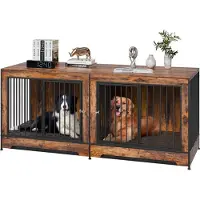 Vevor 75" hundeburmøbler til 2 hunde, ekstra store dobbelte hundeburmøbler til store racer med rumdeler og dobbeltdøre, store træhundeburmøbler til tv-bord til mellemstore hunde, brun