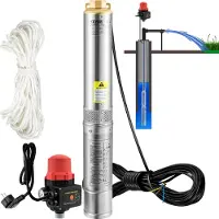 Vevor Dykpumpe til dyb brønd, 550W 230V/50Hz, 50L/min 89 m trykhøjde, 20 m ledning og automatisk trykafbryder, 8,2 cm vandpumper i rustfrit stål til industriel, kunstvanding og hjemmebrug, IP68 vandtæ