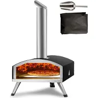 Vevor udendørs pizzaovn, 12 tommer, træpille- og kulfyret pizzamaskine, bærbar udendørs pizzagrill i rustfrit stål med pizzasten, vandtæt overtræk, skovl, brændeovn til camping i baghaven