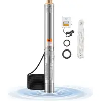 Vevor dykpumpe til dyb brønd, 1100 W indgangseffekt, 230 V, 65 L/min flow, 85 m (279 ft) trykhøjde, med 20 m (65,62 ft) ledning, ekstern kontrolboks, vandpumpe i rustfrit stål, til industriel vanding