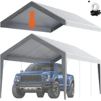 Vevor Carport Udskiftning Baldakin Cover 6100 x 3040 mm Garage Top Telt Shelter Tarp Heavy-Duty Vandtæt &amp; UV-beskyttet, Nem installation med Ball Bungees, Grå (Kun Top Cover, Ramme medfølger ikke)