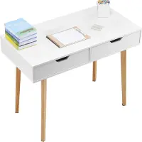 Vevor Lille Skrivebord med Skuffer, Børneskrivebord til Soveværelse, Enkelt Træstudiebord til Tegning, Læsning, Skrivning, Rektangulært MDF Møbelstudie Opbevaringsbord til Hjem, Kontor, Hvid + Træ