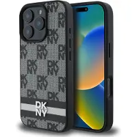 DKNY iPhone 16 Pro Max Ternet Mønster og Stribe Cover - Sort