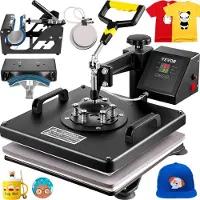 Vevor varmepressemaskine, 15 x 15 tommer, 5-i-1 kombineret svingbar T-shirt sublimationstransferprinter med teflonbelægning, krus/hat/tallerkentilbehør inkluderet, ETL/FCC-certificeret, sort