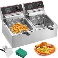 Vevor Dobbelt Frituregryde Stor 5000W Professionel Frituregryde Dobbelt Justerbar Temperaturkontrol Dobbelt Chip Frituregryde Fødevaregodkendt Rustfrit Stål Nem Rengøring med Dobbelt Kurv og Låg