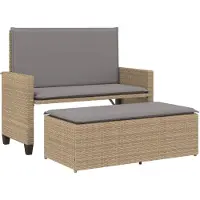 vidaXL havebænk med hynder og fodskammel polyrattan beige