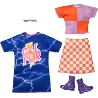 Barbie Fashions 2-packkläderuppsättning 2 kläder docka inkluderar färgblockad skjorta med rutig kjol grl pwr klänning och 2 tillbehör