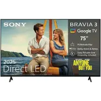 Sony Bravia 3 K-75S3 - 75 Diagonal klasse (74.5 til at se) LED-bagbelyst LCD TV - Smart TV - Google TV - 4K UHD (2160p) 3840 x 2160 - HDR - Direct LED - sort