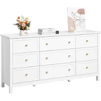 Vevor Kommode med 9 skuffer, Trækommode med skydedør og anti-tip mekanisme, Retro Minimalistisk Kommode, Garderobeopbevaring TV-bord Organizer til Stue, Entre, Soveværelse, Entre, Hvid