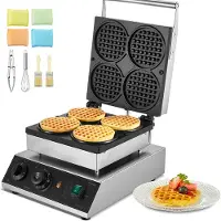 Vevor Kommerciel Vaffeljern, 4 stk. Rund Vaffelbager, 1750W Non-stick Rustfrit Stål Belgisk Vaffeljern med Temperatur- og Tidskontrol, Til Restaurant Bageri Snackbar Familie
