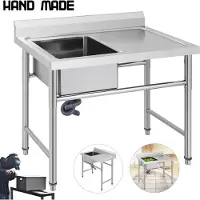 Vevor Håndlavet vask Ikke-magnetisk køkkenvask i rustfrit stål Håndlavet 1 rum 16 x 15,5 x 10 tommer kapacitet Stor badekarvask med højre platform til landlig café butik hospital