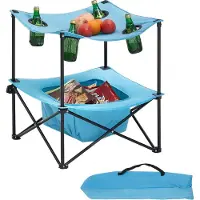 Vevor Foldbart Campingbord, Bærbart Udendørs Letvægts Picnicbord, 600D Oxford Stof Vandtæt Lærred Rejse Strandborde, med 4 Kopholdere, Bæretaske, til Tailgating Camping Picnic, Blå