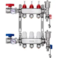 Vevor 3-grenet strålevarmemanifold, 1/2" PEX-slangemanifold, PEX-manifold i rustfrit stål til vandbaseret gulvvarme, strålevarme PEX-manifoldsæt med 1/2" adaptere inkluderet