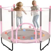 Vevor 60" børnetrampolin, 1,5 m indendørs udendørs trampolin, mini-trampolin til småbørn med sikkerhedsnet og basketballkurv, fødselsdagsgaver, julelegetøj til børn fra 3 år, lyserød