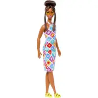 Barbie Fashionistas Doll #210 med brunettehår i bolle iført aftagelig farverig hæklet halter kjole solbriller og sandaler