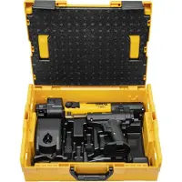 Rems Kompakt 14,4 V akku-presse til Ø 10–40 mm. Drejelig kæbe, LED-lys, sikkerhedsknap, hurtigoplader og L-Boxx medfølger.