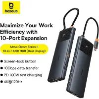 Baseus Metal Gleam II 10-i-1 HDMI, USB-A, USB-C, RJ45, SD og TF-hub – grå