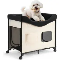 Vevor Elevated Lounge Pet Bed, Foldbar Køjeseng til Hund med 600D Oxford-stof og hollandsk fløjl, Bærbar Hævet Tremmeseng med Hjul, Sideopbevaringsposer og Bæretaske til Katte og Hunde, L, Beige