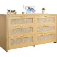 Vevor Rattan Kommode med 6 skuffer, Dobbelt Kommode til Soveværelse, Naturlig Rattan Kommode med Metalhåndtag, Moderne Trækommode, Tøjorganisator og Opbevaring til Soveværelse, Stue, Entre, Burlywood
