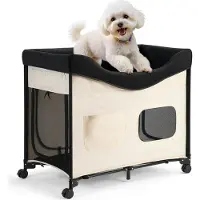 Vevor Elevated Lounge Pet Bed, Foldbar Køjeseng til Hund med 600D Oxford-stof og hollandsk fløjl, Bærbar Hævet Tremmeseng med Hjul, Sideopbevaringsposer og Bæretaske til Katte og Hunde, XL, Beige