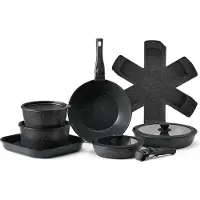 Vevor 17-delt gryde- og pandesæt, granit nonstick-køkkengrej med aftageligt håndtag, pladsbesparende induktionskogegrej, køkken RV-kogegrej med stegning, sauce, sauter, hærdet glaslåg, ovnsikker, sort