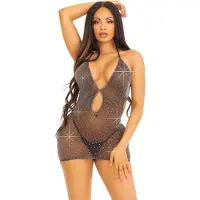 Leg avenue Lurex Rhinestone Keyhole Halter Dress Black