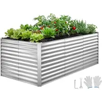 Vevor Galvaniseret Højbed, 2400 x 1200 x 860 mm, Rektangulær Metal Plantekasse Sæt Udendørs, Bundløs Plantekasse med Handsker, Rustfri Alu-Zink, til Dyrkning af Blomster og Grøntsager, Sølv