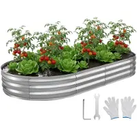 Vevor Galvaniseret Hævet Bed, 240 x 120 x 30 cm, Oval Metal Plantekasse Sæt Udendørs, Bundløs Hævet Havekasse med Handsker, Rustfri Alu-Zink, til Plantning af Blomster, Frugt og Grøntsager, Sølv